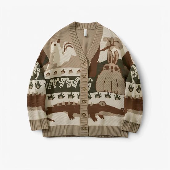 Cárdigan De Punto Con Estampado Animal Jacquard, Botones Frontales, Corte Suelto, Edición Exclusiva