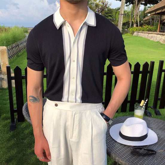 Polo De Punto Con Botones Y Rayas Verticales Edición Limitada Mezcla De Algodón Acabado Contrastante