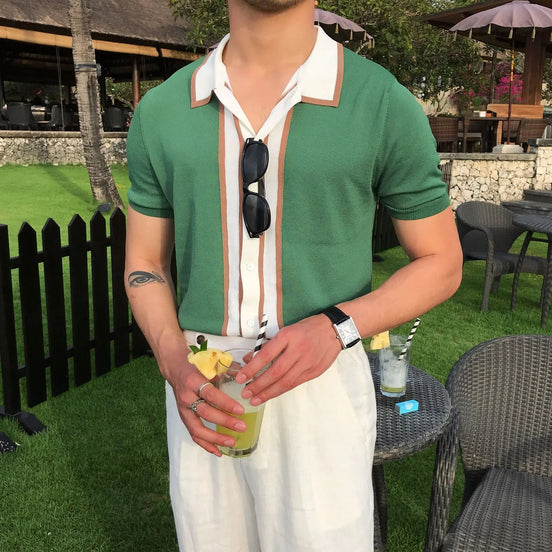 Polo De Punto Con Botones Y Rayas Verticales Edición Limitada Mezcla De Algodón Acabado Contrastante