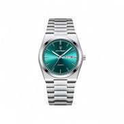 Old Money Reloj Mecánico de Cuerda Manual, Caja y Correa en Acero Cepillado Plateado, Esfera Esmeralda Edición Limitada