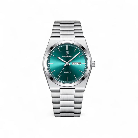 Old Money Reloj Mecánico de Cuerda Manual, Caja y Correa en Acero Cepillado Plateado, Esfera Esmeralda Edición Limitada