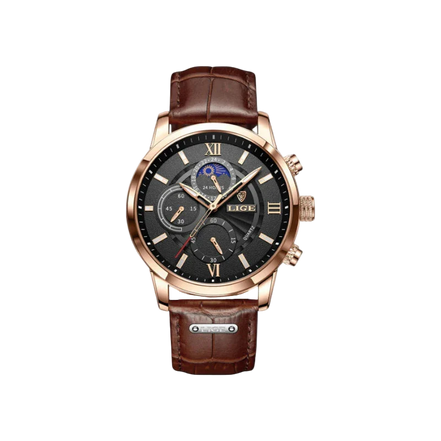 Reloj Lunar Chrono Prestige Ventana De Fases Lunares Y Caja Rosé Dorado Pulida Correa De Cuero Marrón