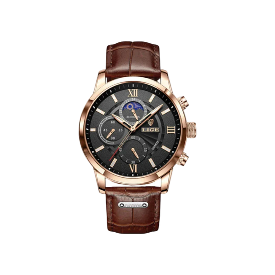 Reloj Lunar Chrono Prestige Ventana De Fases Lunares Y Caja Rosé Dorado Pulida Correa De Cuero Marrón