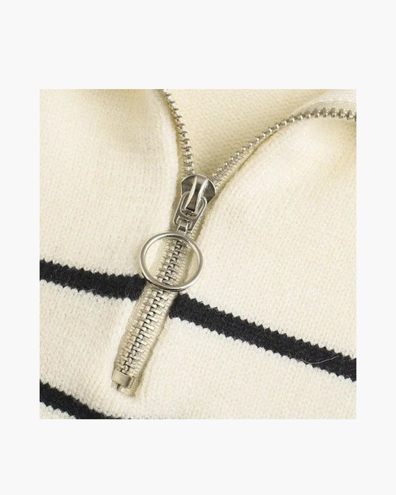 Old Money Suéter De Punto Vintage Chic Rayas Crema Azul Con Cremallera Colección Exclusiva