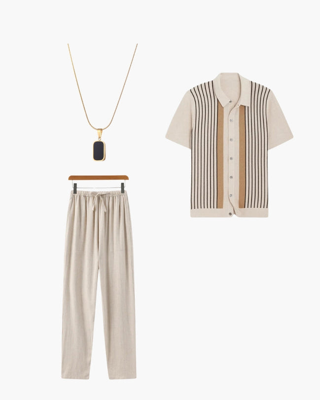 The Parisian Touch Conjunto Polo de Punto Elegante Pantalón de Lino y Collar Exclusivo Colección