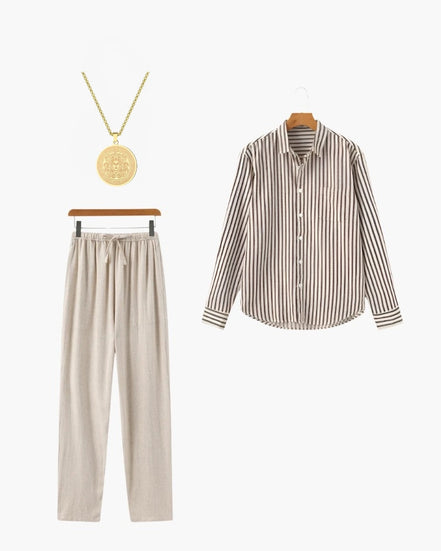 The Style Formula Conjunto Camisa Rayada De Algodón Collar Zodiac Y Pantalón De Lino Exclusivo
