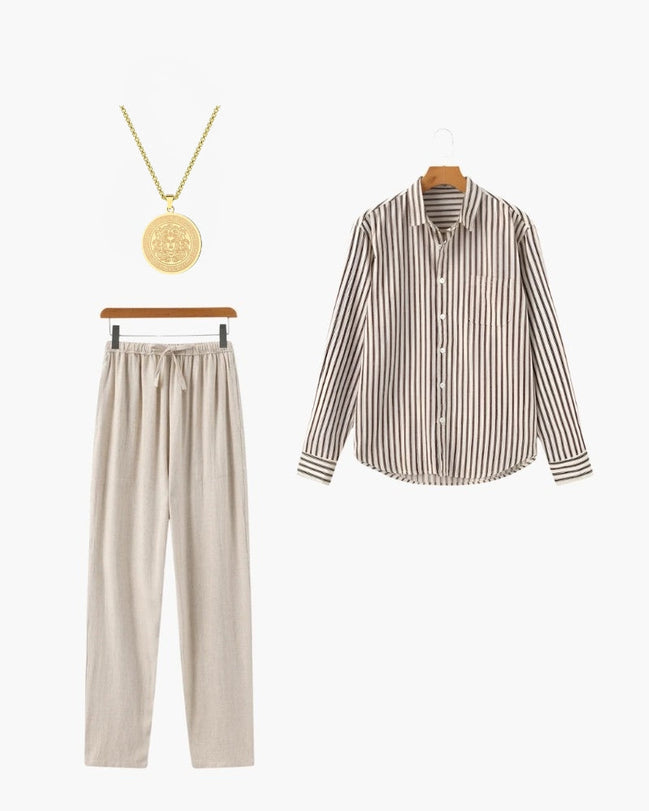The Style Formula Conjunto Camisa Rayada De Algodón Collar Zodiac Y Pantalón De Lino Exclusivo