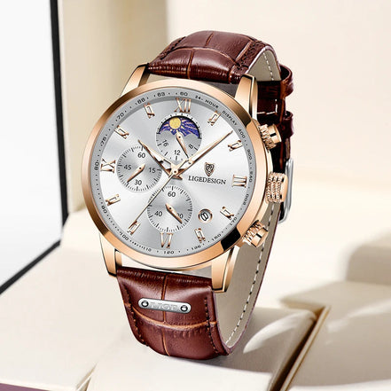 Reloj Lunar Chrono Prestige Ventana De Fases Lunares Y Caja Rosé Dorado Pulida Correa De Cuero Marrón