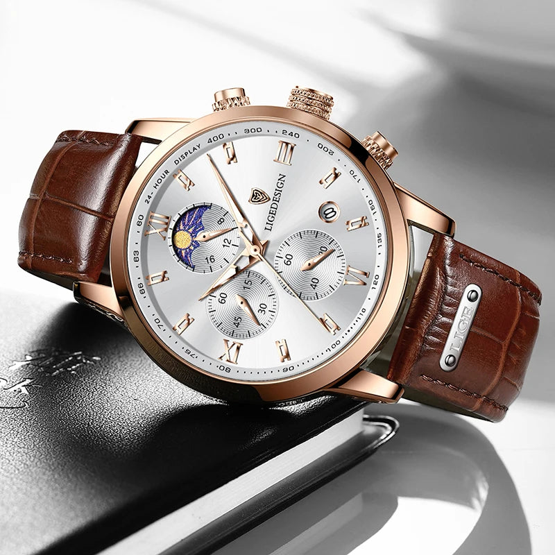 Reloj Lunar Chrono Prestige Ventana De Fases Lunares Y Caja Rosé Dorado Pulida Correa De Cuero Marrón