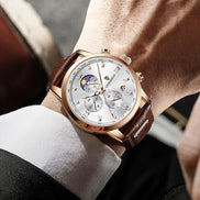 Reloj Lunar Chrono Prestige Ventana De Fases Lunares Y Caja Rosé Dorado Pulida Correa De Cuero Marrón