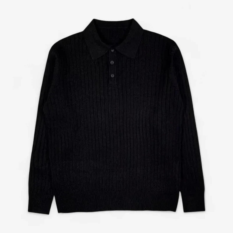Polo De Tejido Canalé Negro De Manga Larga Con Gola Estructurada Y Botones Edición Exclusiva De Colección