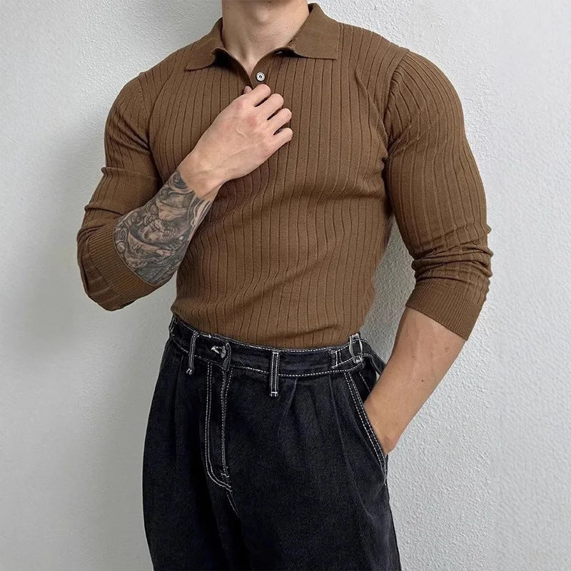 Polo De Tejido Canalé Negro De Manga Larga Con Gola Estructurada Y Botones Edición Exclusiva De Colección