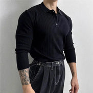 Polo De Tejido Canalé Negro De Manga Larga Con Gola Estructurada Y Botones Edición Exclusiva De Colección