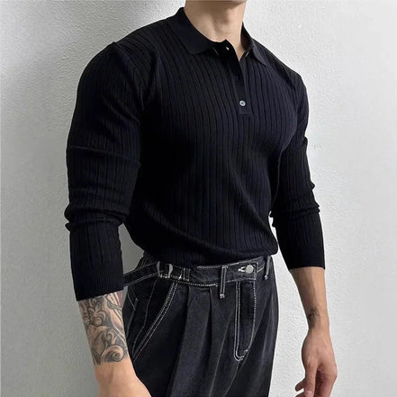 Polo De Tejido Canalé Negro De Manga Larga Con Gola Estructurada Y Botones Edición Exclusiva De Colección