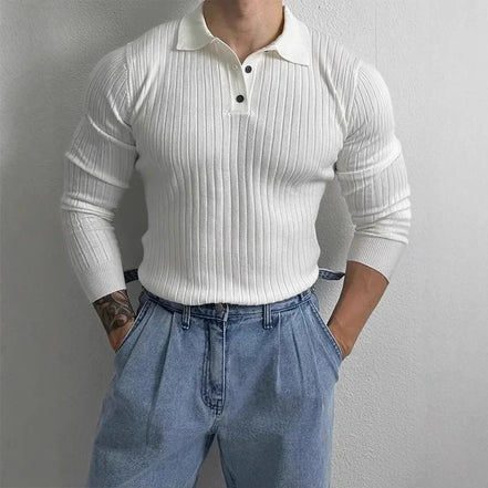 Polo De Tejido Canalé Negro De Manga Larga Con Gola Estructurada Y Botones Edición Exclusiva De Colección