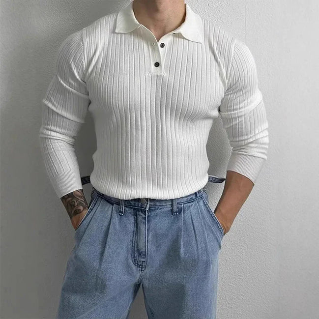 Polo De Tejido Canalé Negro De Manga Larga Con Gola Estructurada Y Botones Edición Exclusiva De Colección