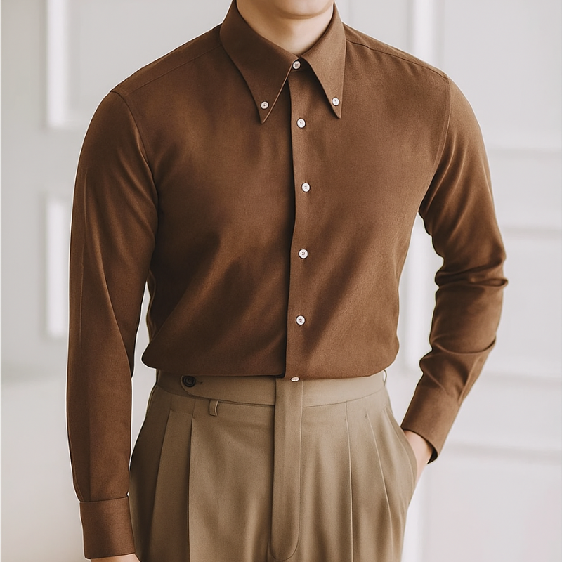 Old Money Camisa de Algodón Marrón Cuello Estructurado Colección Exclusiva Edición Limitada