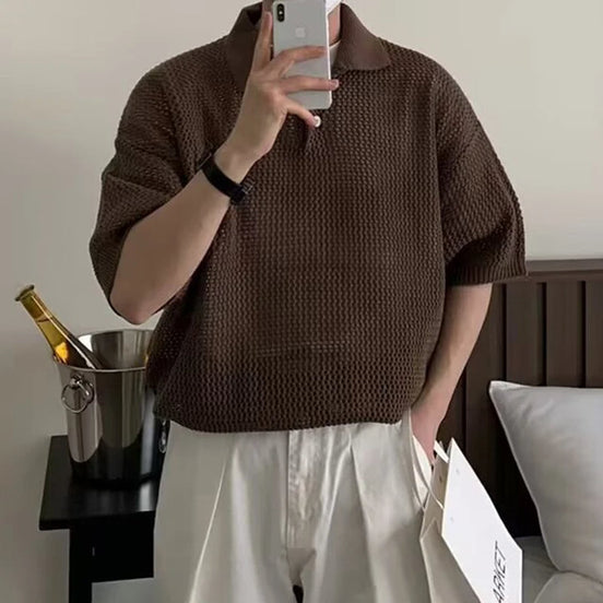 Old Money Polo De Malla Mesh Knit Tejido Abierto Y Caída Relajada Exclusiva Y Distinción
