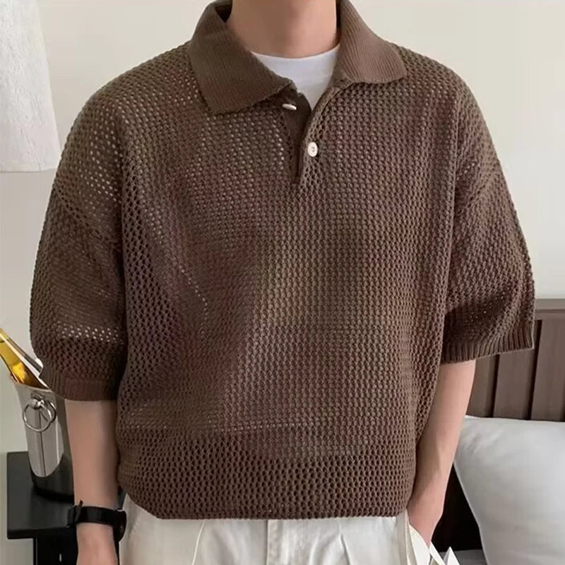 Old Money Polo De Malla Mesh Knit Tejido Abierto Y Caída Relajada Exclusiva Y Distinción