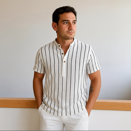 Camisa A Rayas Con Cuello Mandarín Premium Tela Transpirable Edición Limitada Versátil